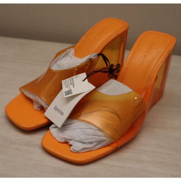Bershka Women's Sz 9 Bright Orange Clear Detail  Square Toe Wedge Mules - Picture 1 of 12
